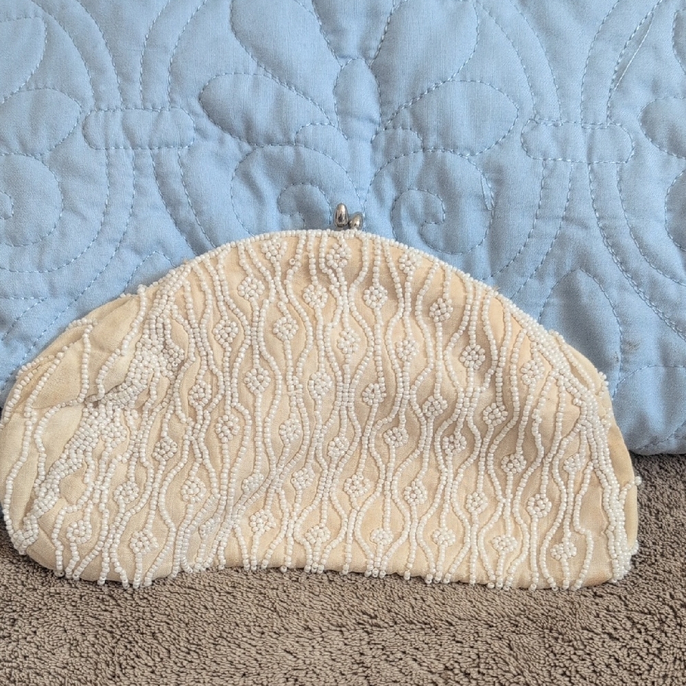 Chic Beige Beaded Clutch